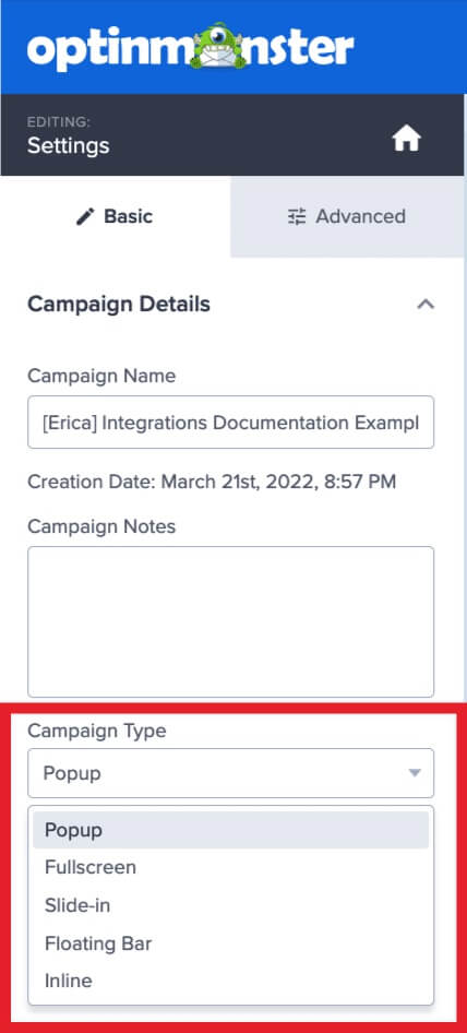 Change the campaign type in OptinMonster.