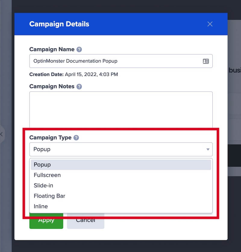 Select the campaign type you would like to change the campaign to.