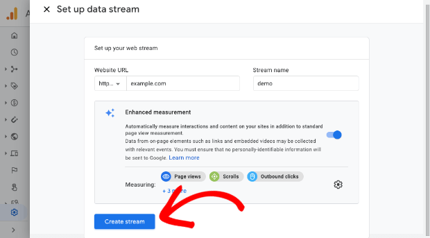 Create stream in Google Analytics