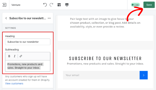 Edit newsletter signup section in Shopify