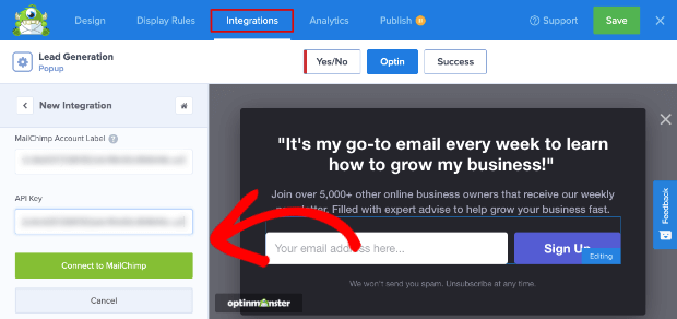 Integrate Mailchimp with Optinmonster