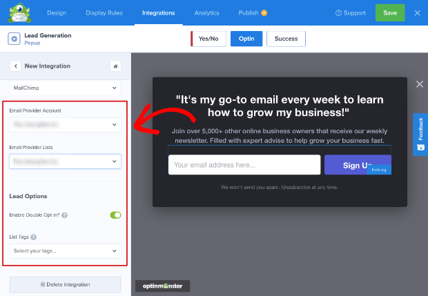 Mailchimp integration options in OptinMonster