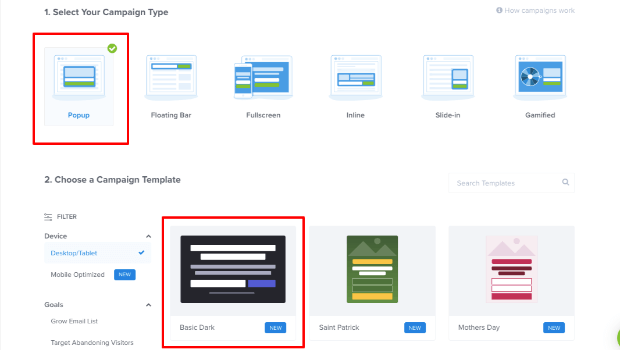 OptinMonster campaign type and template