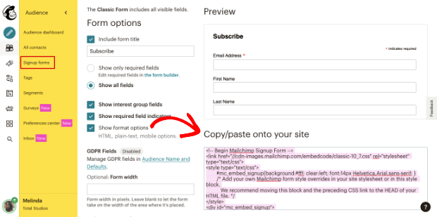 Sign up form Mailchimp embed code