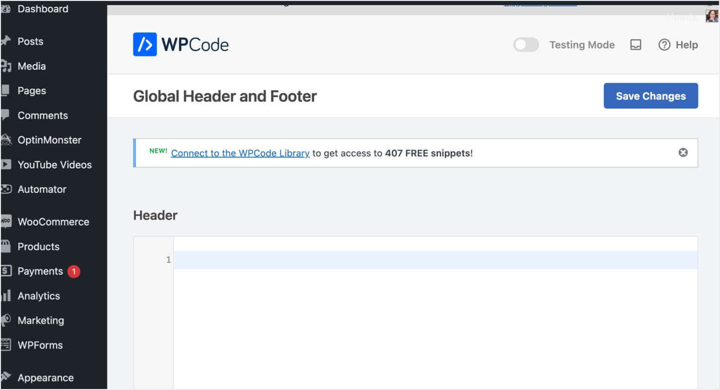 The WPCode Head & Footer dashboard. There's a text box for "Header" at the top and a "Save changes" button at the top right corner.