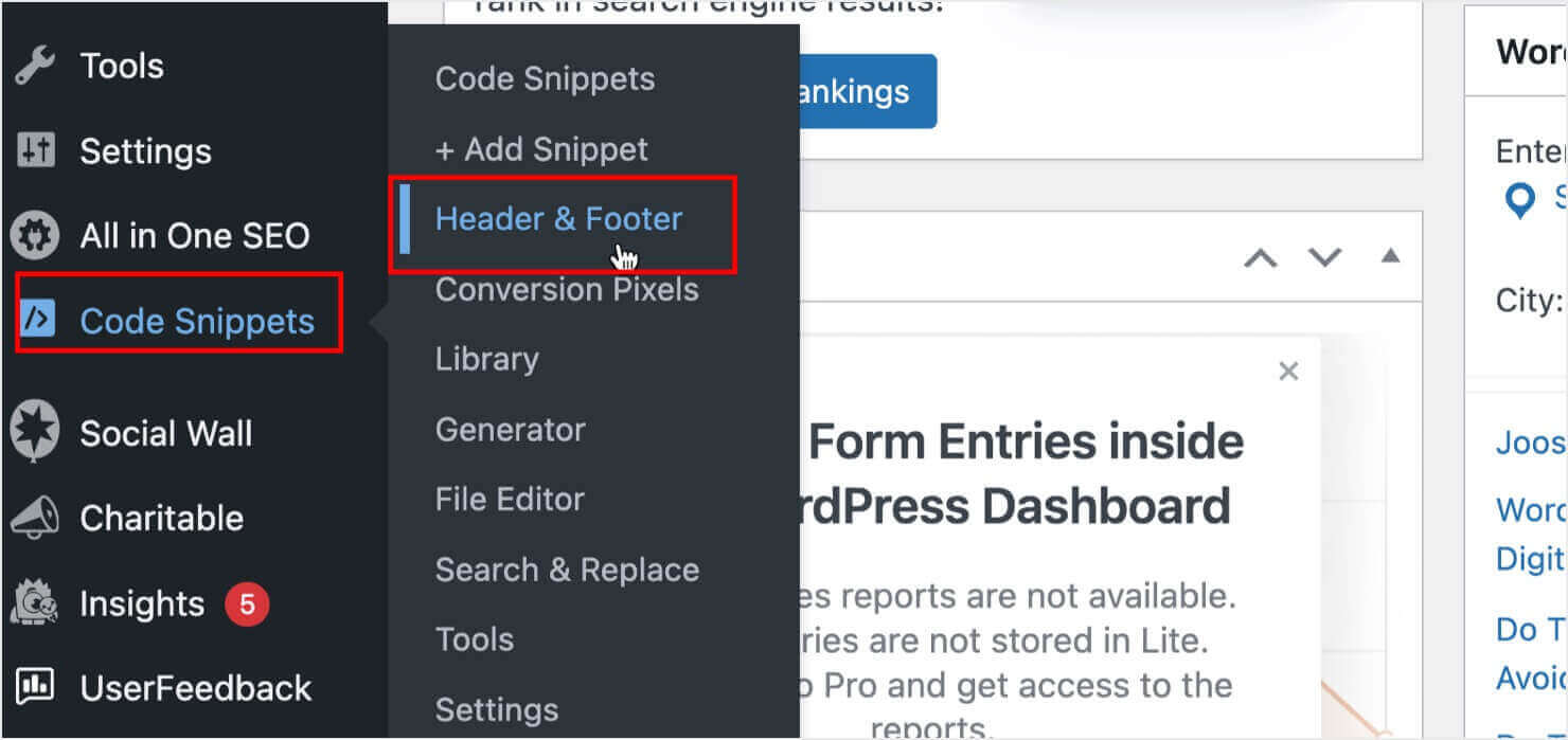 WordPress dashboard, with Code Snippets selected in the left menu. Header & Footer is an option in the expanded menu