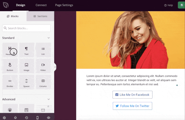 drag and drop elements onto Instagram Landing Page