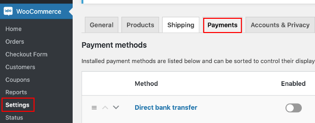 Settings payments tab in woocommerce
