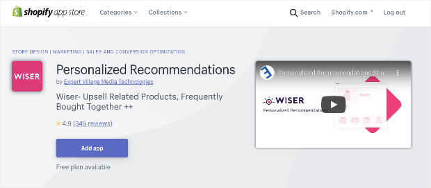 shopify personalized recommendations app by wiser