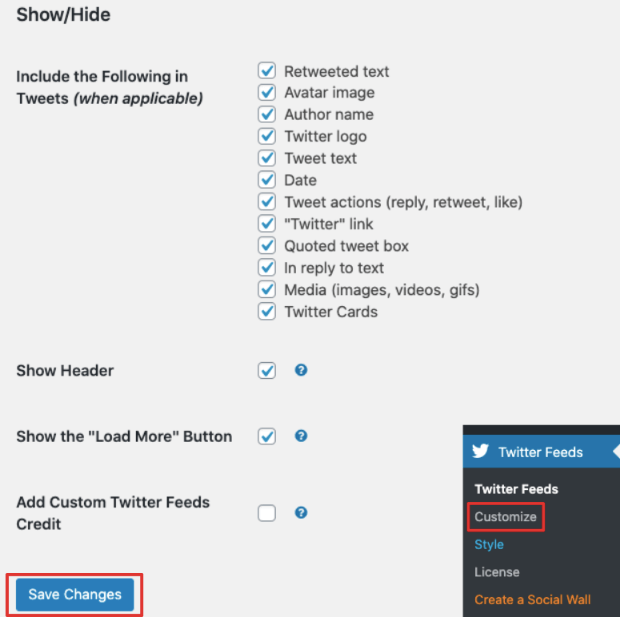Show hide options custom twitter feed smash balloon