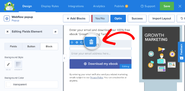 Delete elements with trashbin icon