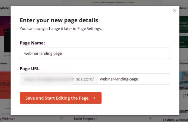 webinar landing page name and url slug