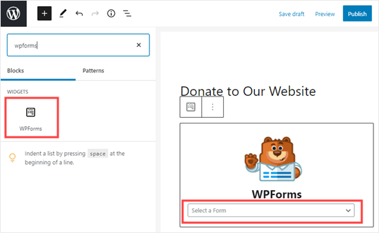 add wpforms block to page or post