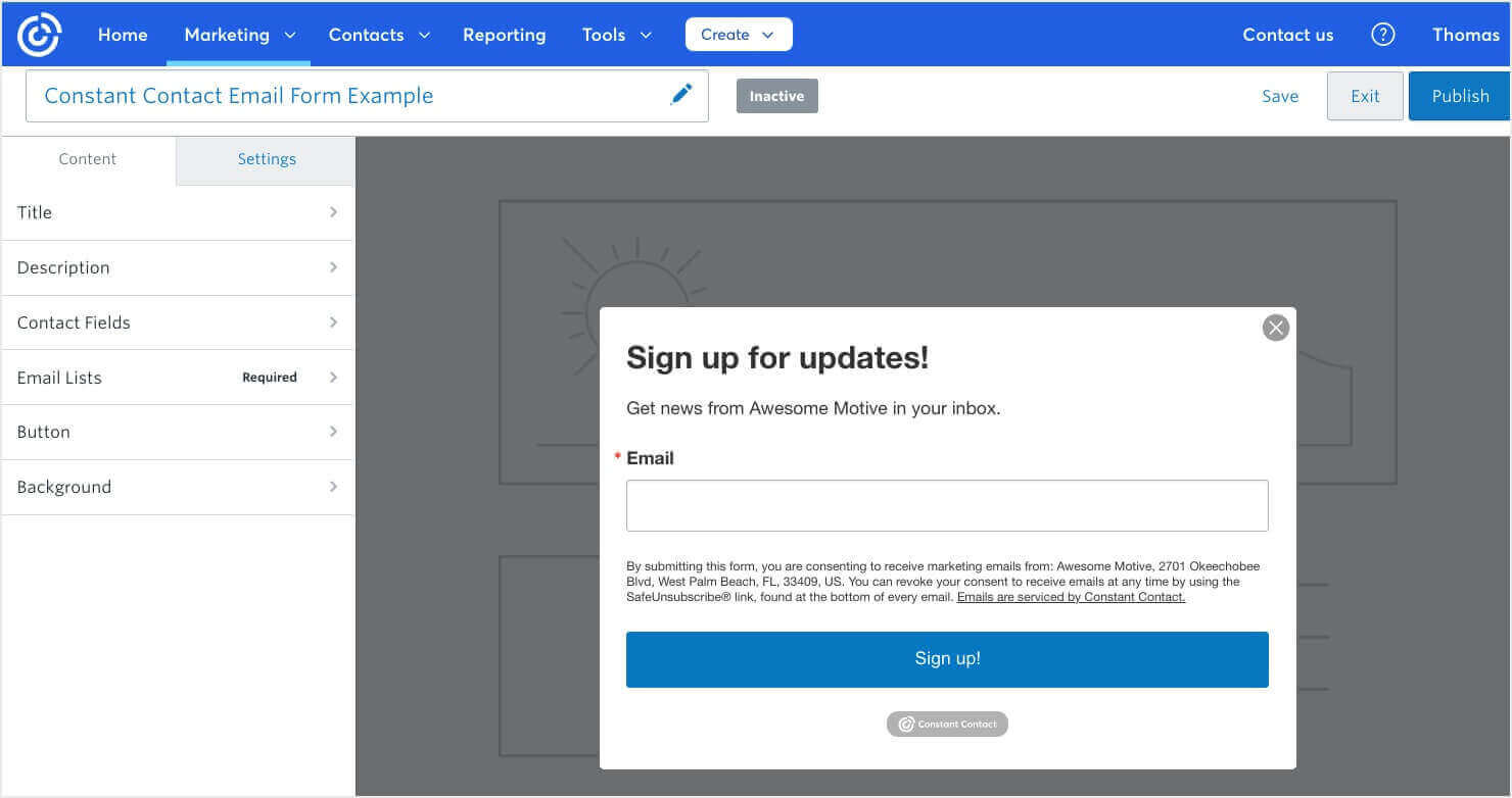 A simple email signup form in Constant Contact's editor. There are limited options for customization.