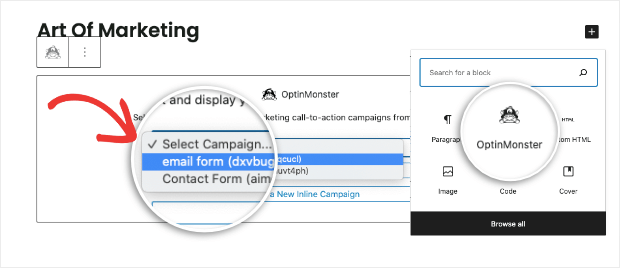 embed inline form using optinmonster block