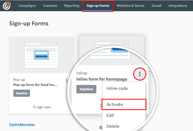 inline form in constant contact