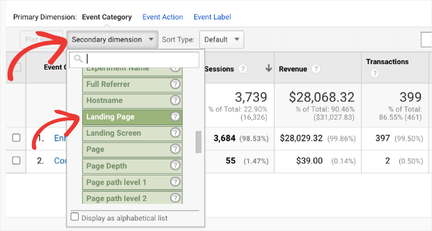 landing page filter in ga