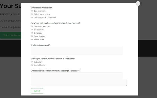 wpforms cancellation survey example in popup