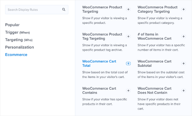 ecommerce display rules in optinmonster
