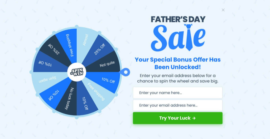 Father's Day popup that includes an interactive coupon wheel.