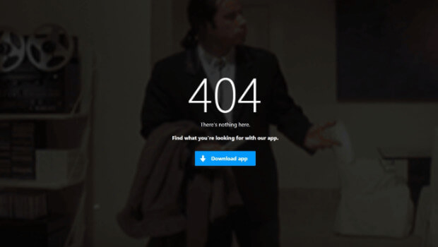 "404. There's nothing here. Find what you're looking for with our app." CTA button says "Download app"