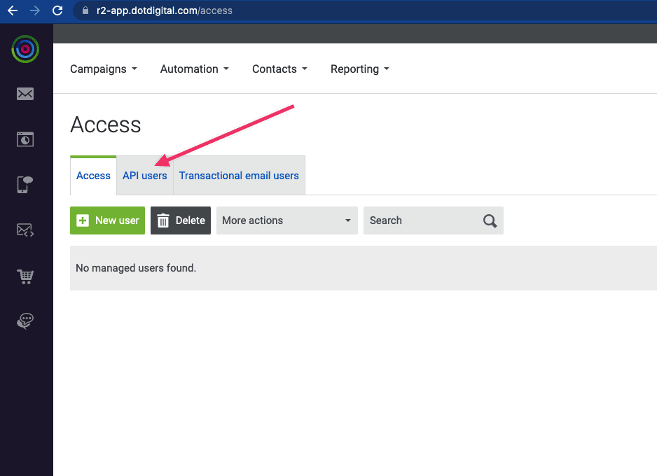 DotDigital Access page select the API Users tab