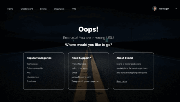 404 error page that says "Oops! Error 404! You are in the wrong URL! Where would you like to go?" Below that text there are three boxes for "Popular Categories," Need Support?" and "About Evand." There are info and links in each box.