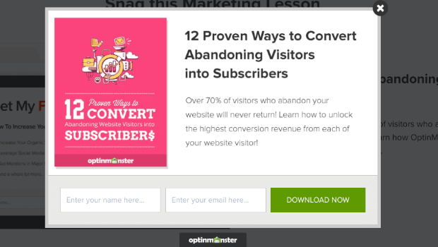 A lightbox popup that says" 12 Proven Ways to Convert Abandoning Visitors into Subscribers." There are fields for name and email address and a "download now" button.