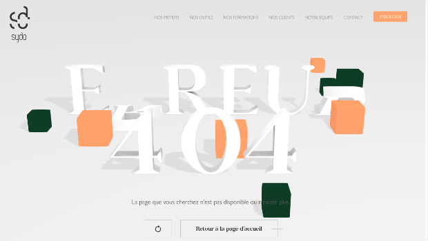 Sydo.fr's 404 page. Its 404 message is in large 3D letters that users can knock over.