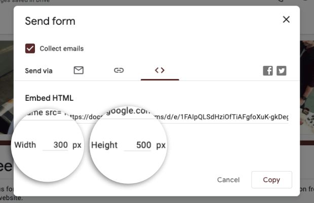 change the width and height of your google rsvp form