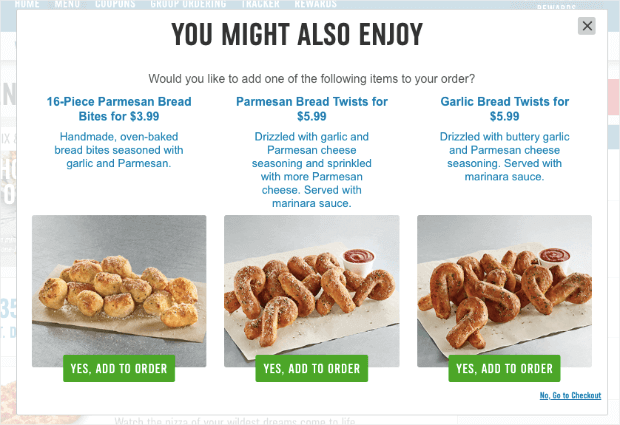 ecommerce personalization example from dominos with downsells