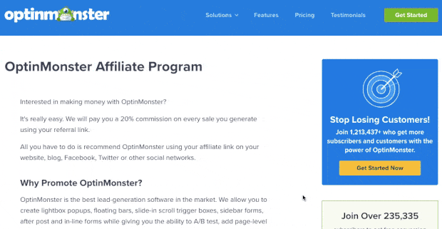 optinmonsters affiliate program page