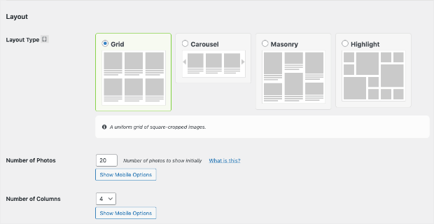 layout type for instagram feed wordpress