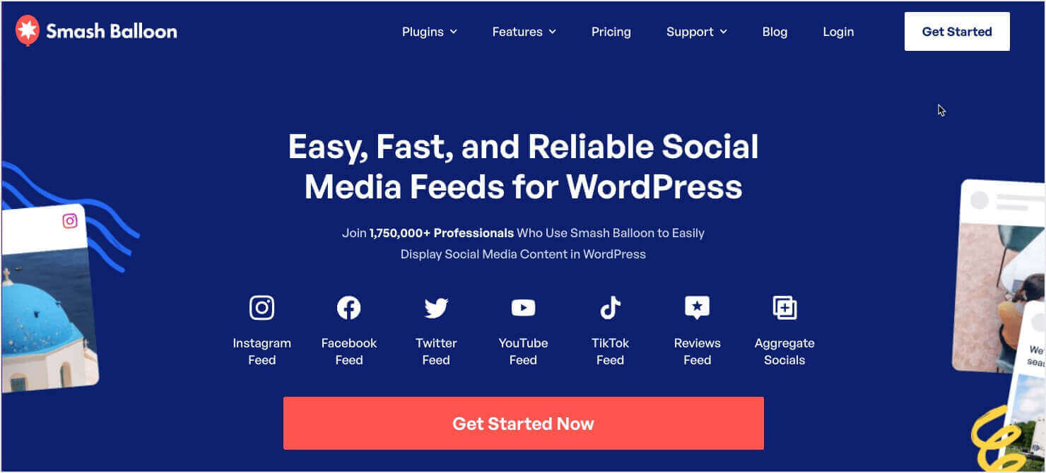 Smash Balloon home page: "Easy, Fast, and Reliable Social Media Feeds for WordPress."