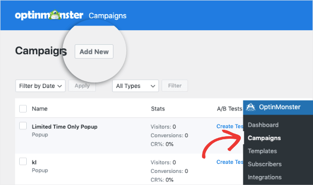 add new campaign optinmonster