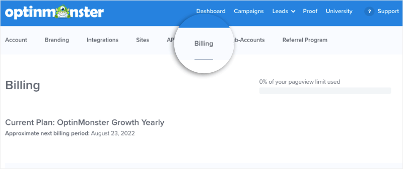 billing from your optinmonster dashboard