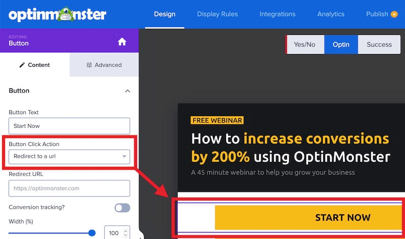 Configure the click action for your button element in OptinMonster.