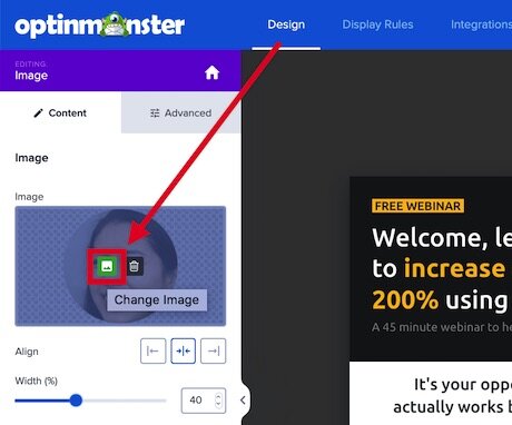 Change image in the OptinMonster campaign builder.