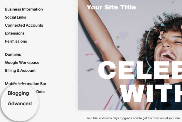click advanced from the squarespace menu
