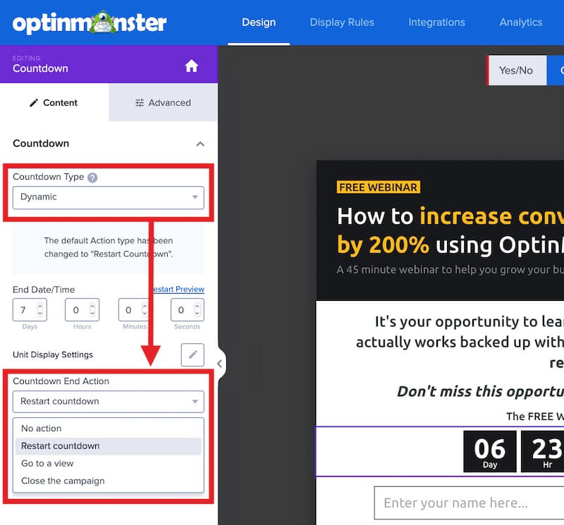Configure the action that occurs when the countdown timer ends when creating a Dynamic countdown timer in OptinMonster.