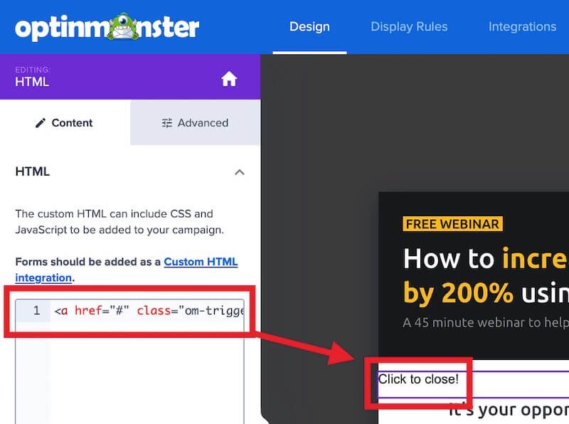 HTML close link in the campaign builder using an HTML block.