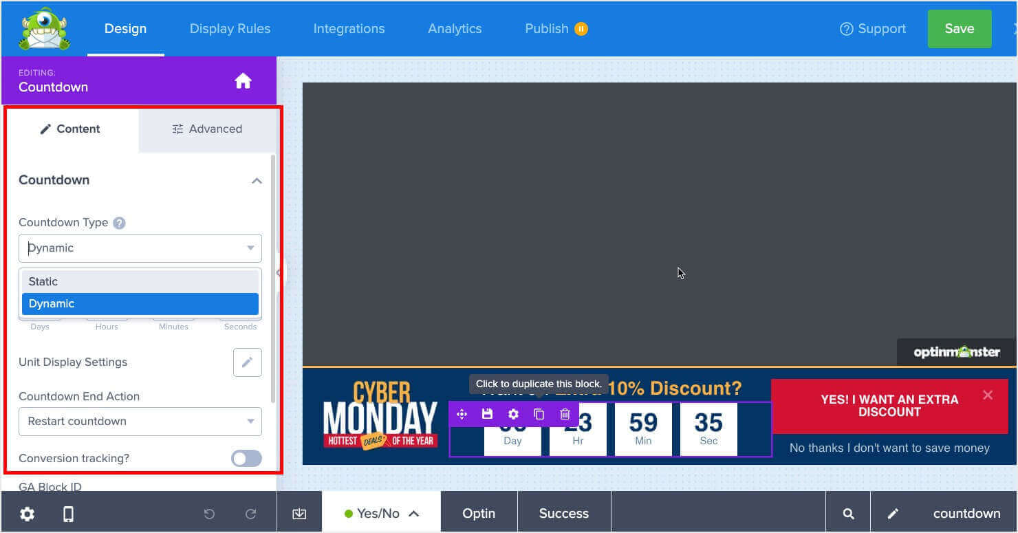 In the OptinMonster campaign builder, a countdown timer is selected. In the left panel, there's a dropdown to choose Static or dynamic