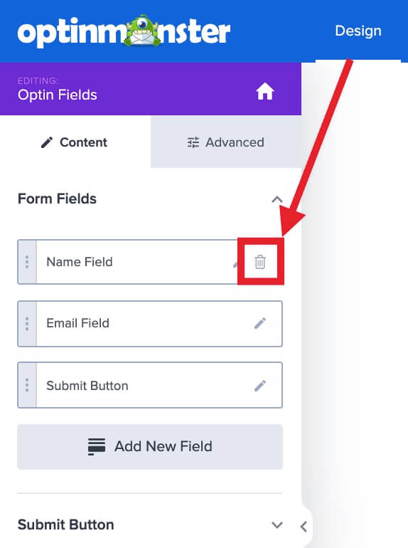 Delete form field by selecting the trash icon.