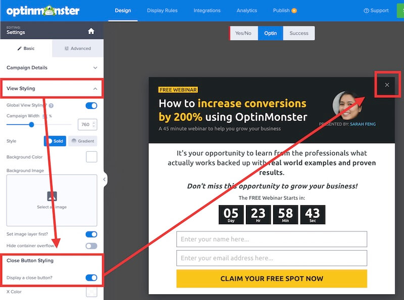 Enable the close icon in the campaign builder for your OptinMonster campaign.