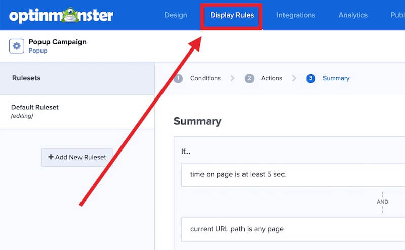 Display Rules view in the OptinMonster campaign builder