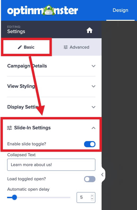 Enable slide toggle for Slide-In type campaigns to show them in a minimized state when closed.