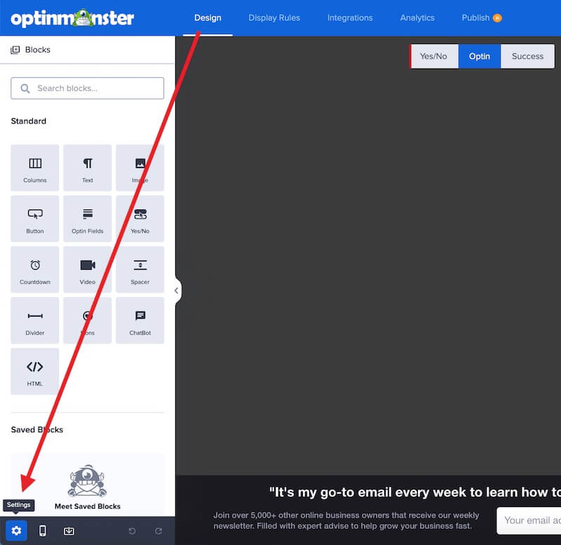 Settings menu in the OptinMonster campaign builder.