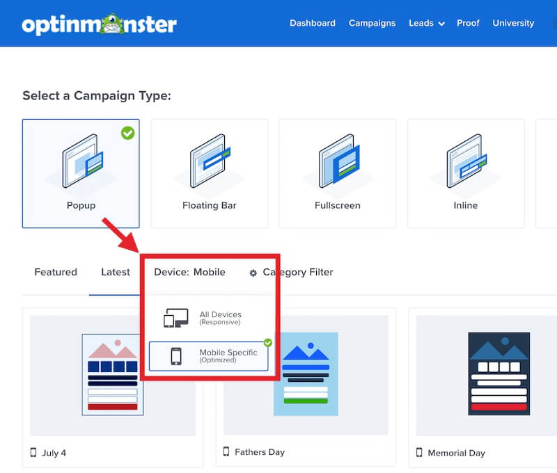 Mobile optimized template filter in the OptinMonster campaign creation screen allows you to see only mobile templates.