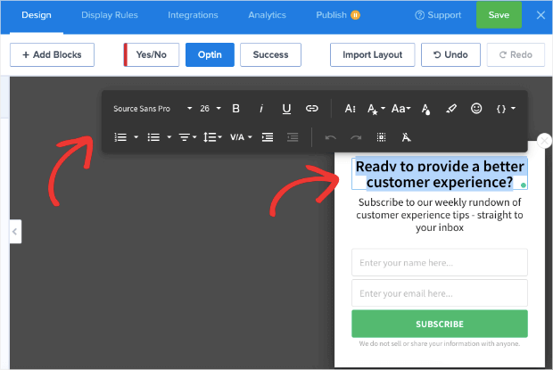 modify the text in your slide-in campaign