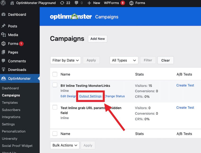 Configure the Output Settings for an Inline campaign.